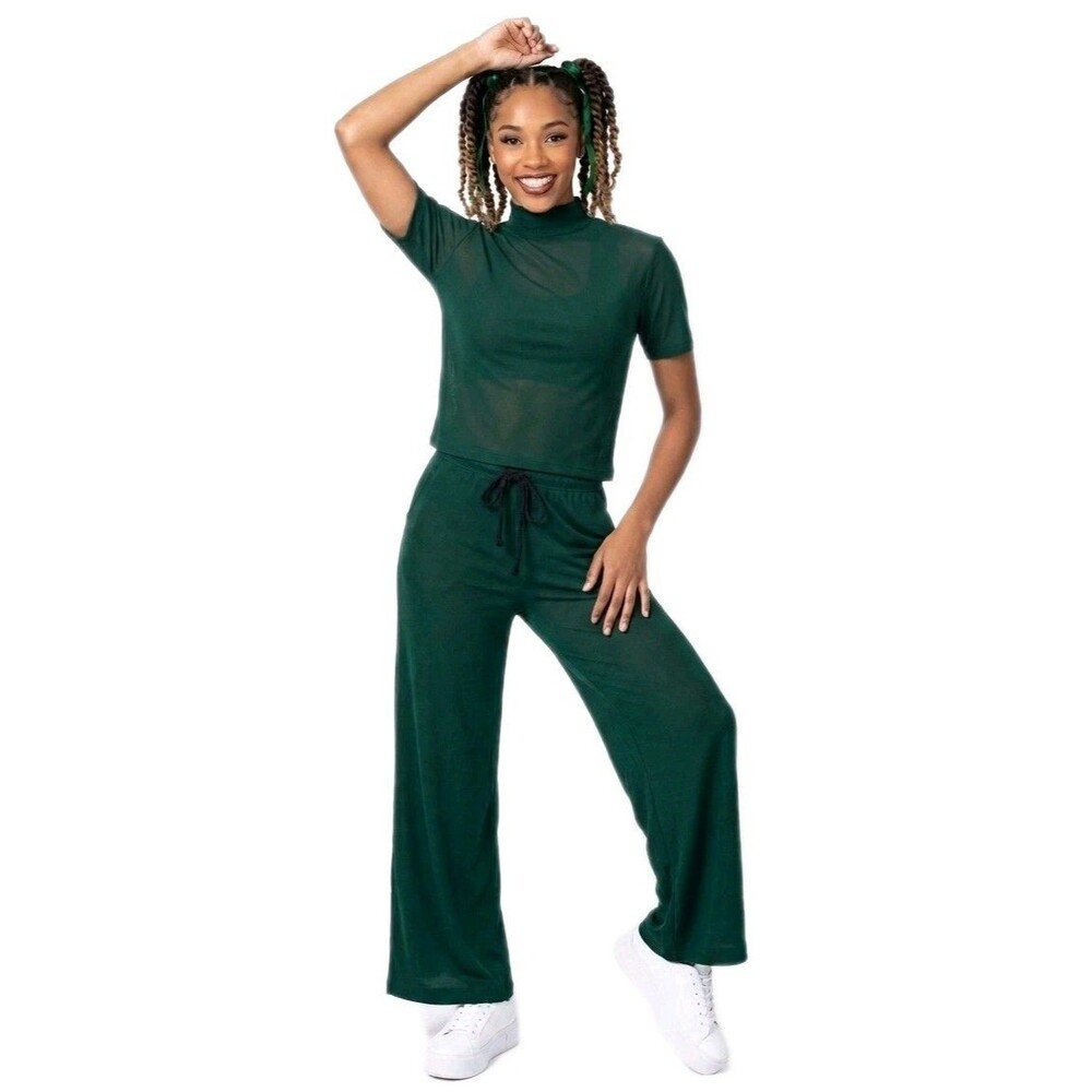 Womens 2pc Dance Pants Top Set Green Mockneck Semi-transparent Size CL/ Adult XS